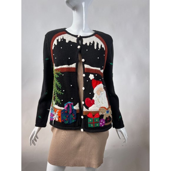 Hampshire Studio Christmas Holiday Cardigan Sm Blk Santa 55% Ramie, 45% Cotton - Picture 12 of 16